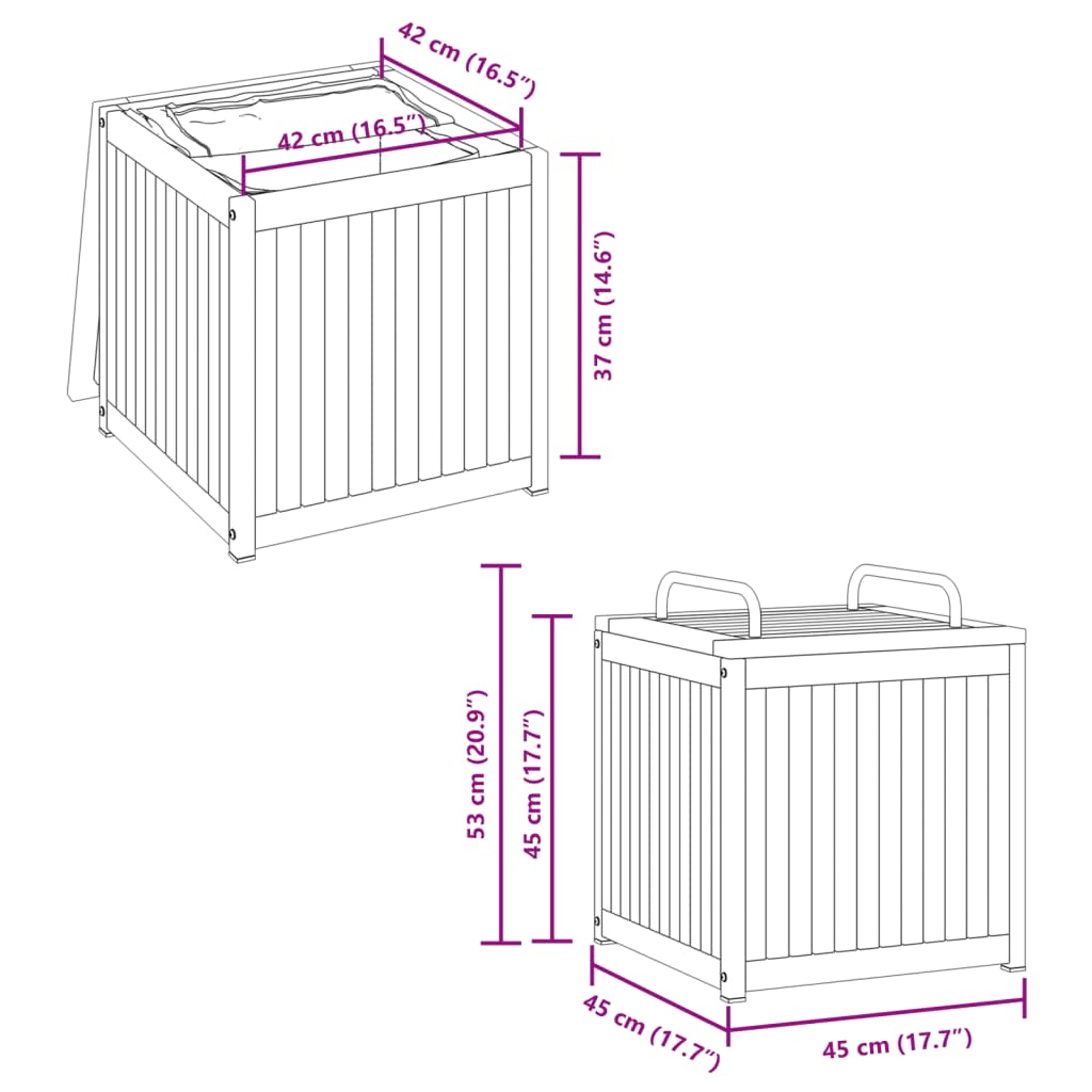 Kussenbox 45x45x45/53 cm massief acaciahout en staal