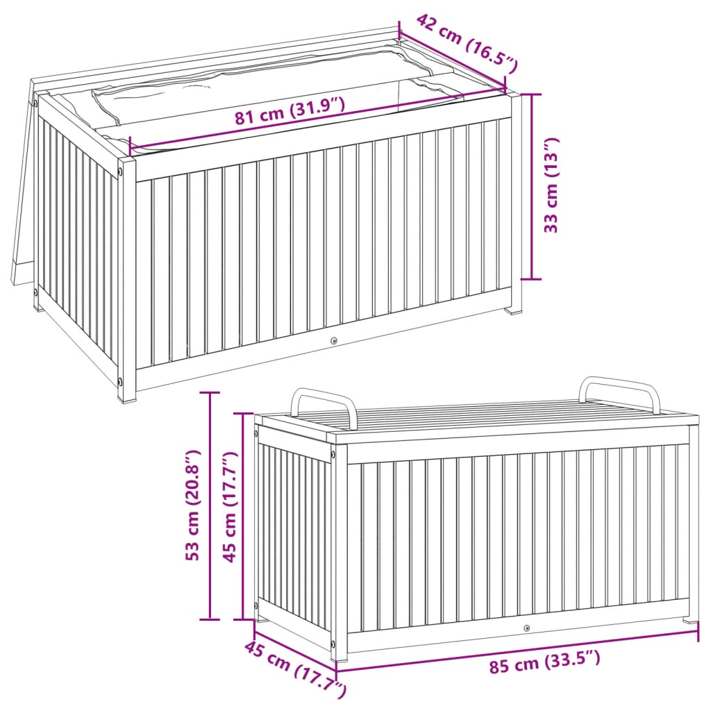 Kussenbox 85x45x45/53 cm massief acaciahout en staal