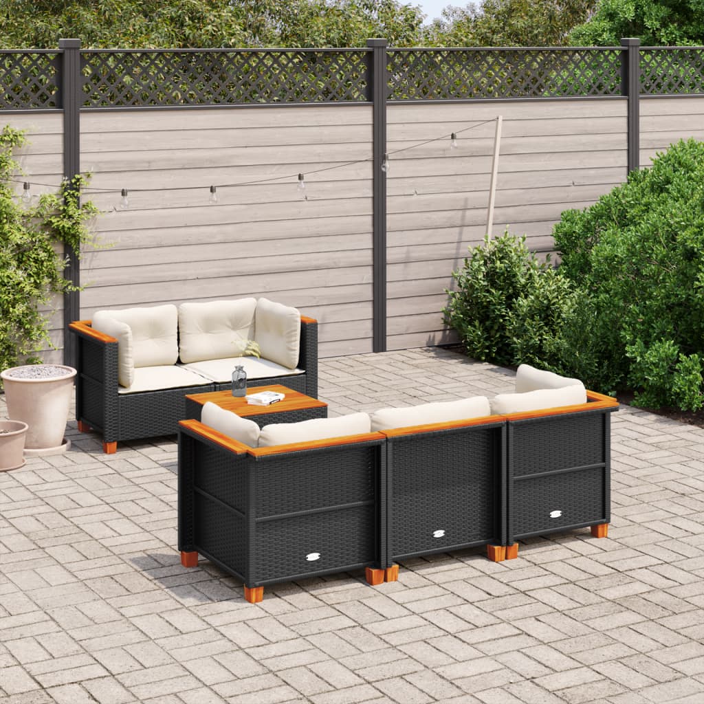 6-delige Loungeset met kussens poly rattan zwart