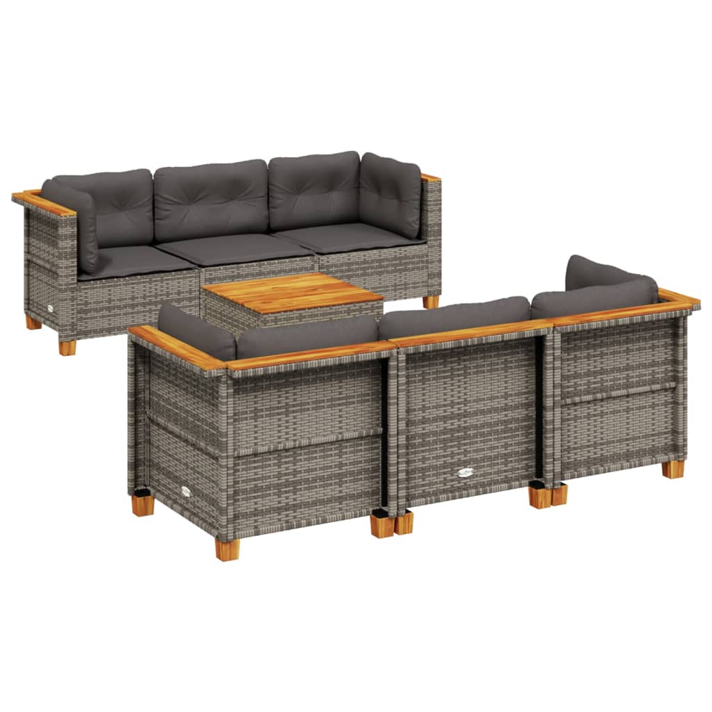 7-delige Loungeset met kussens poly rattan grijs