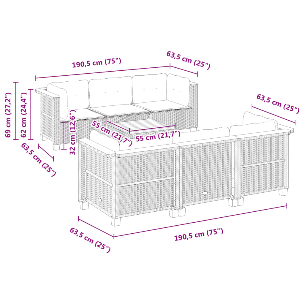 7-delige Loungeset met kussens poly rattan grijs