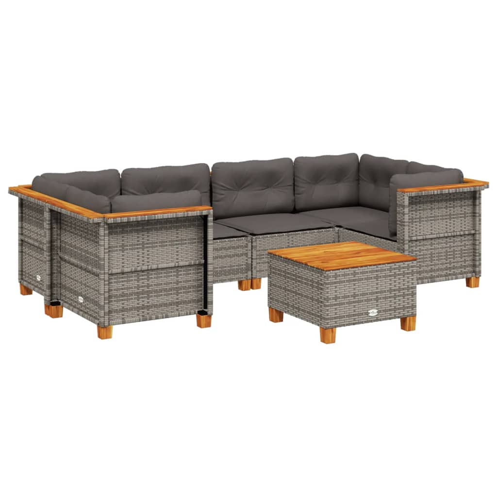 7-delige Loungeset met kussens poly rattan grijs