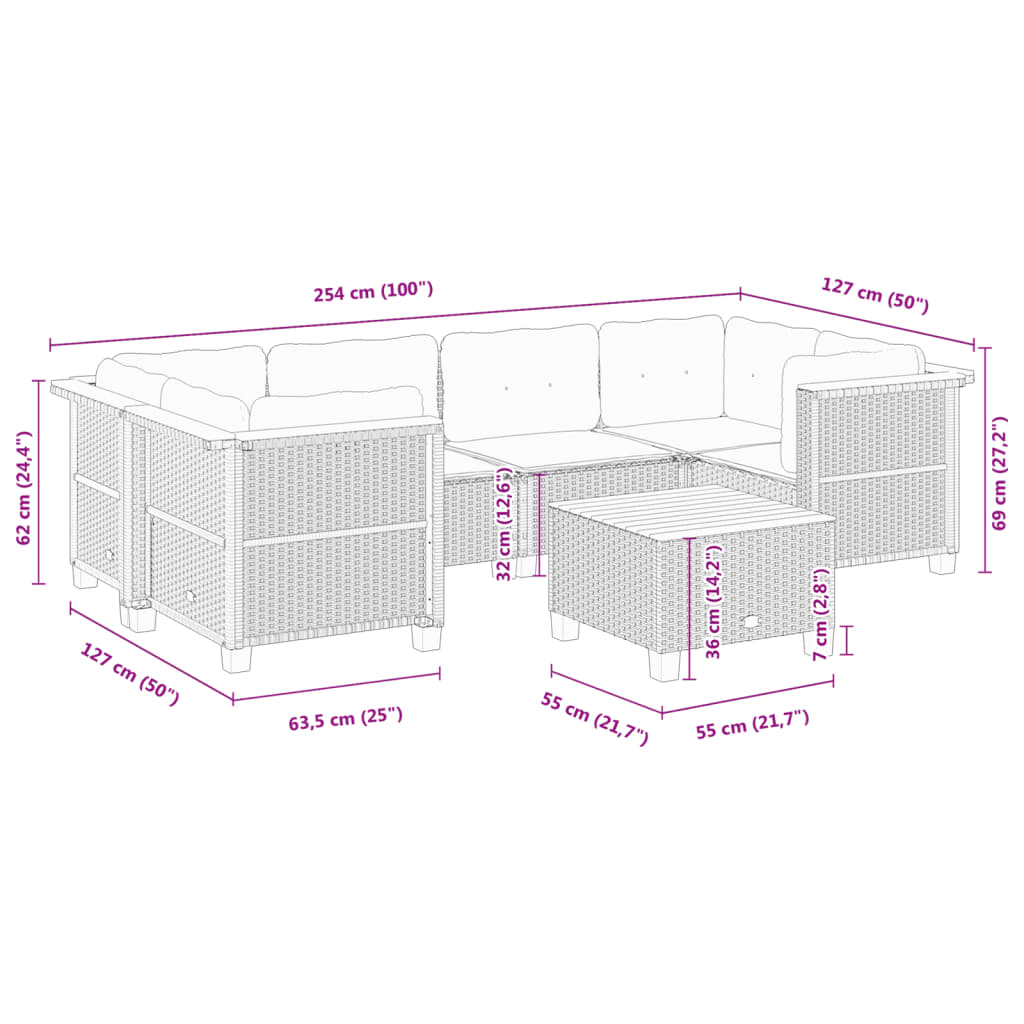 7-delige Loungeset met kussens poly rattan grijs