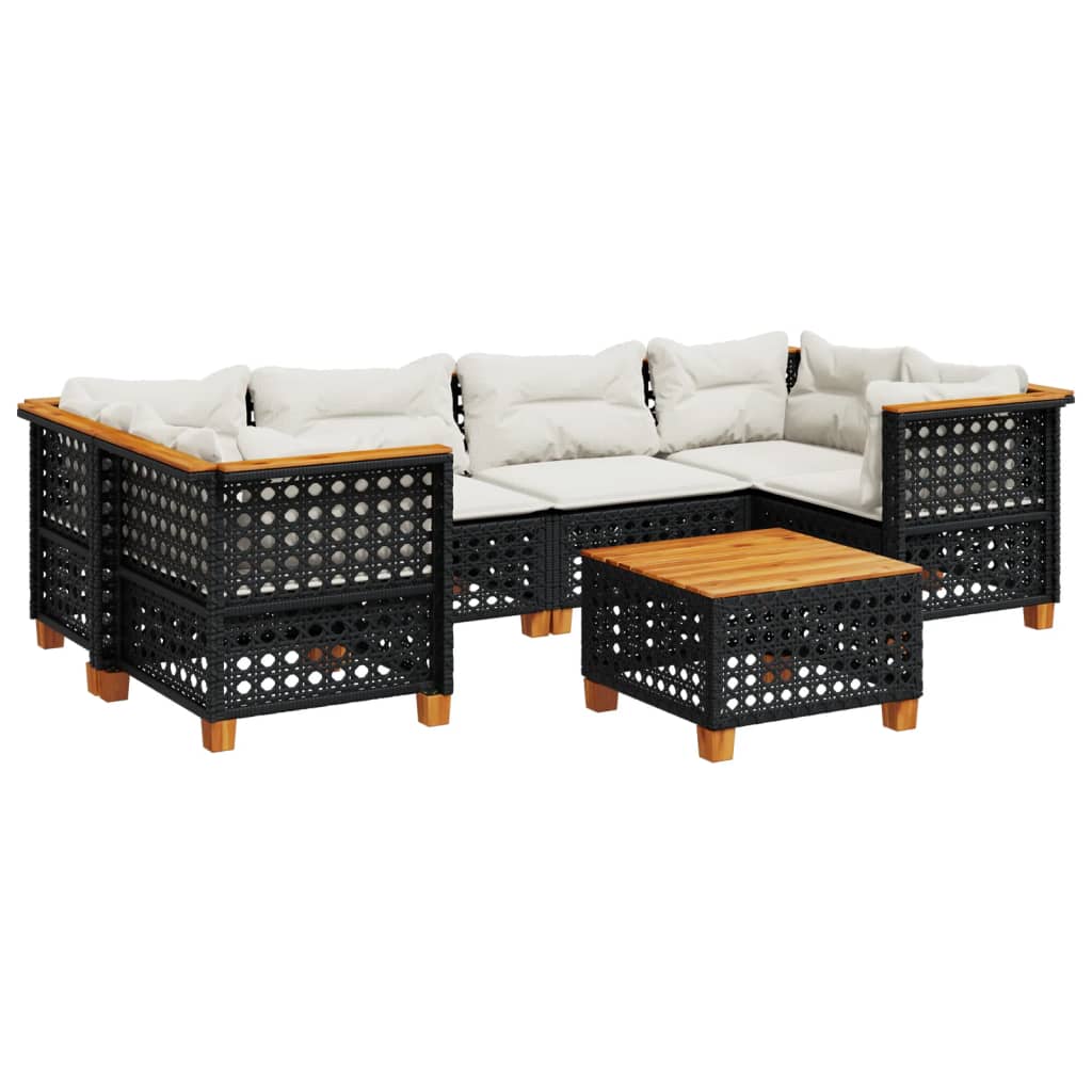 7-delige Loungeset met kussens poly rattan zwart