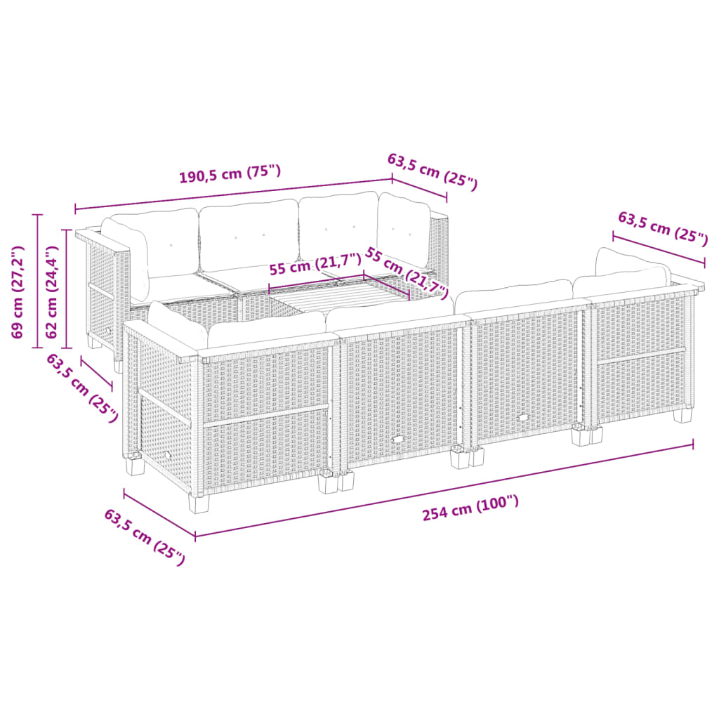 8-delige Loungeset met kussens poly rattan grijs