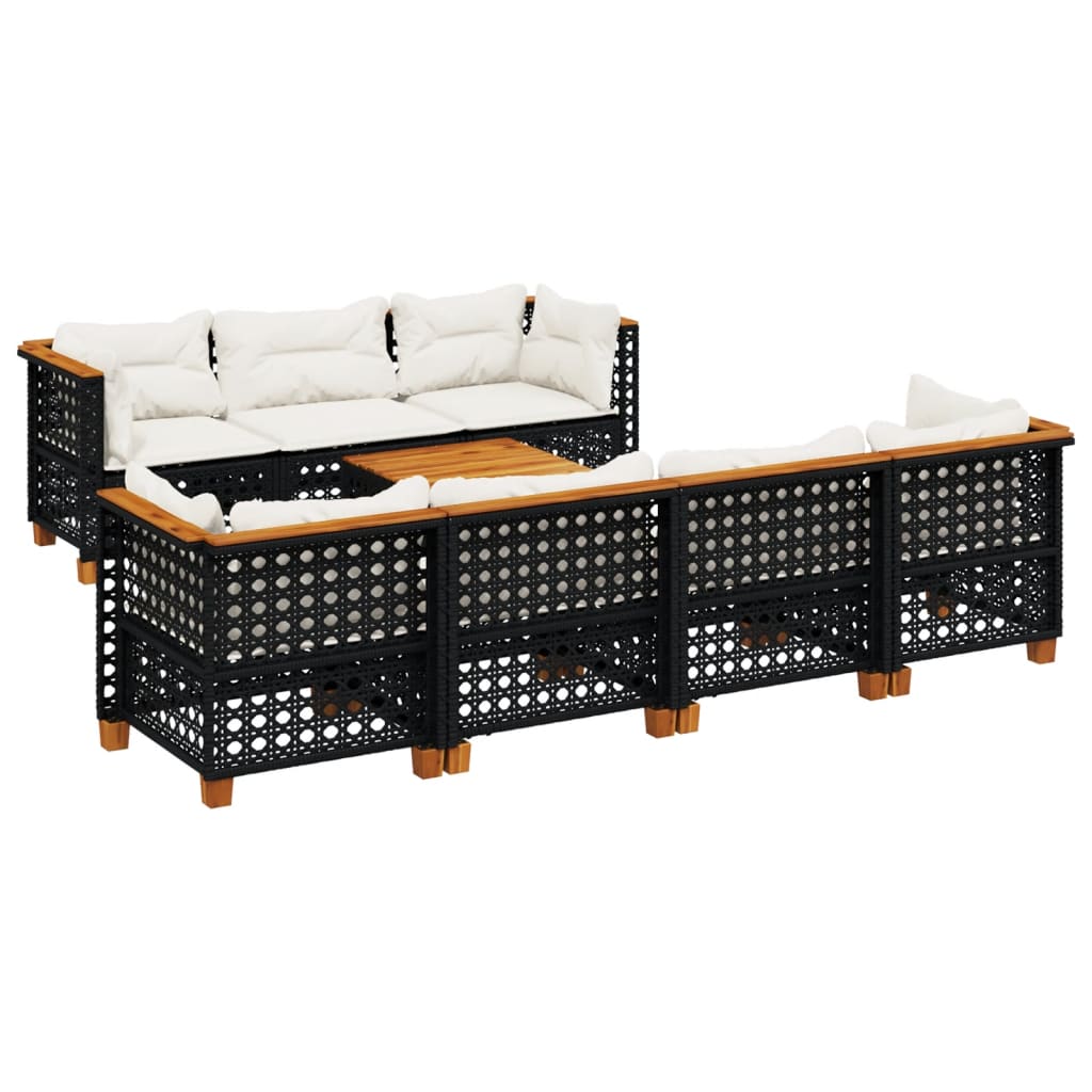 8-delige Loungeset met kussens poly rattan zwart