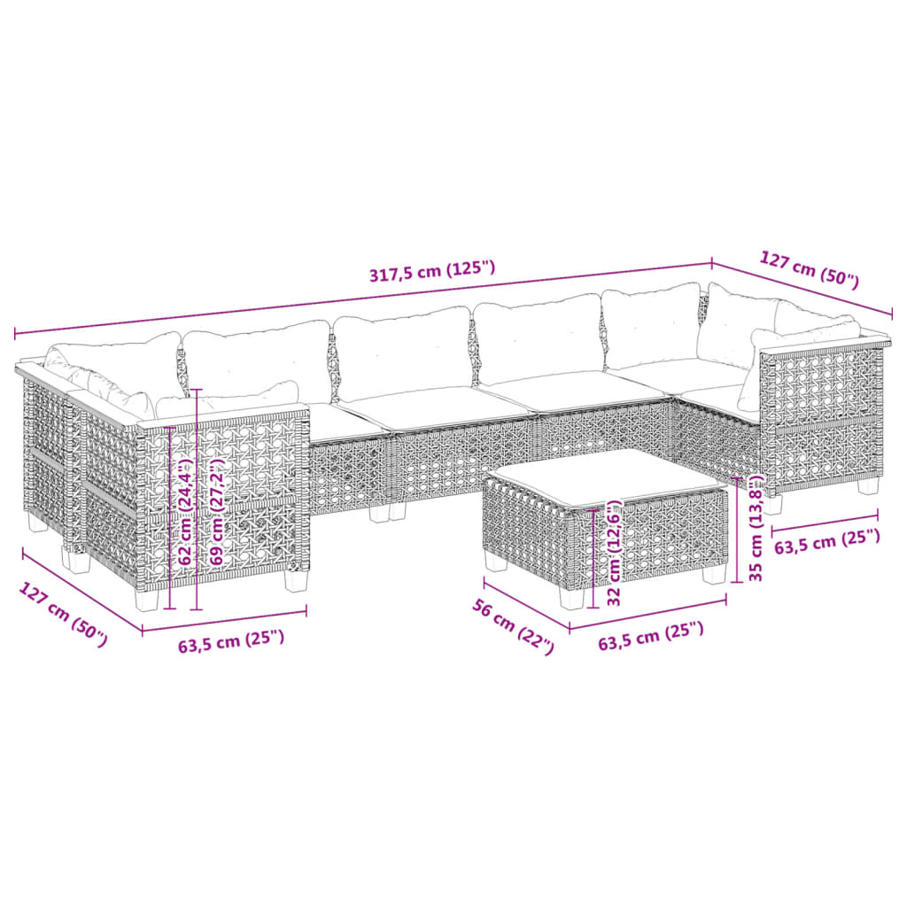 8-delige Loungeset met kussens poly rattan grijs