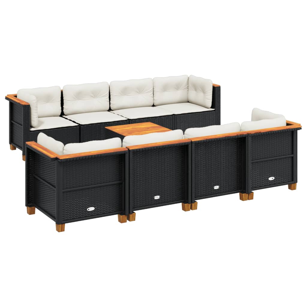 9-delige Loungeset met kussens poly rattan zwart