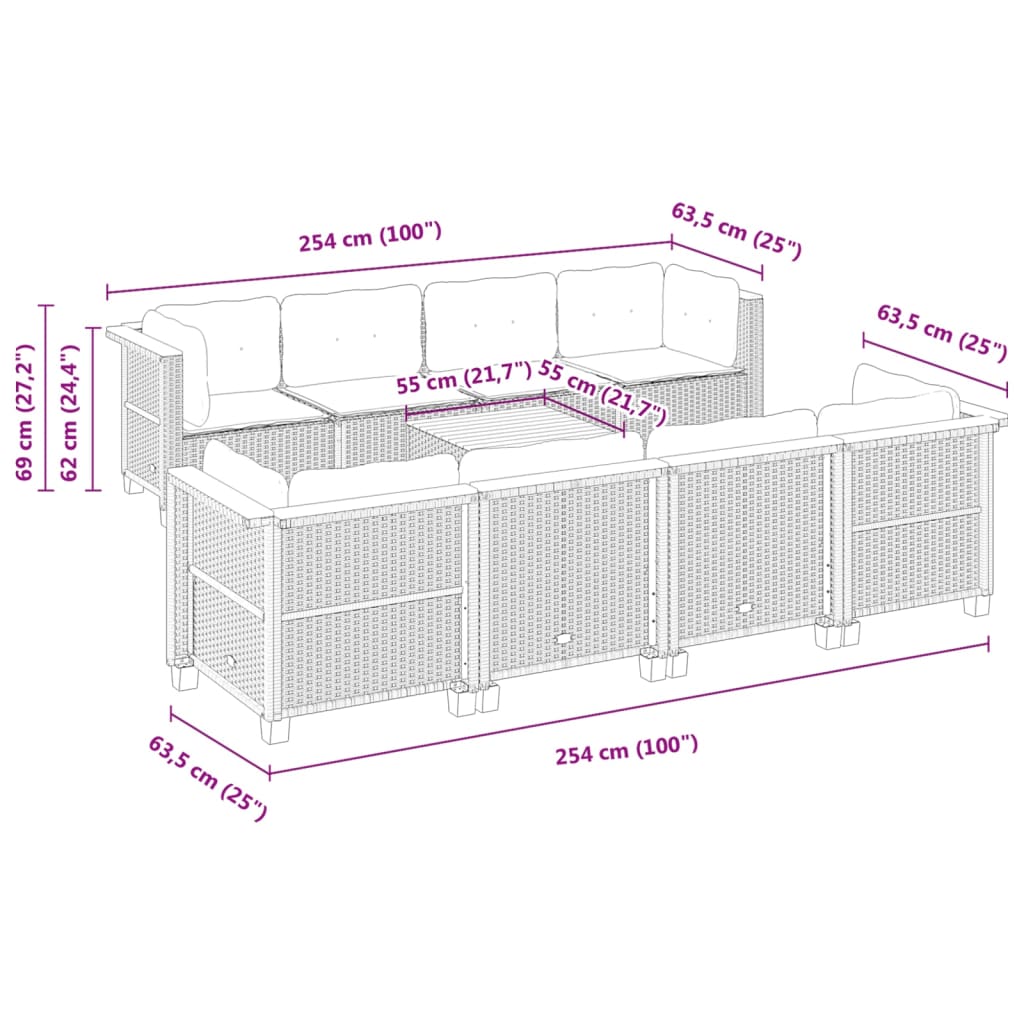 9-delige Loungeset met kussens poly rattan zwart