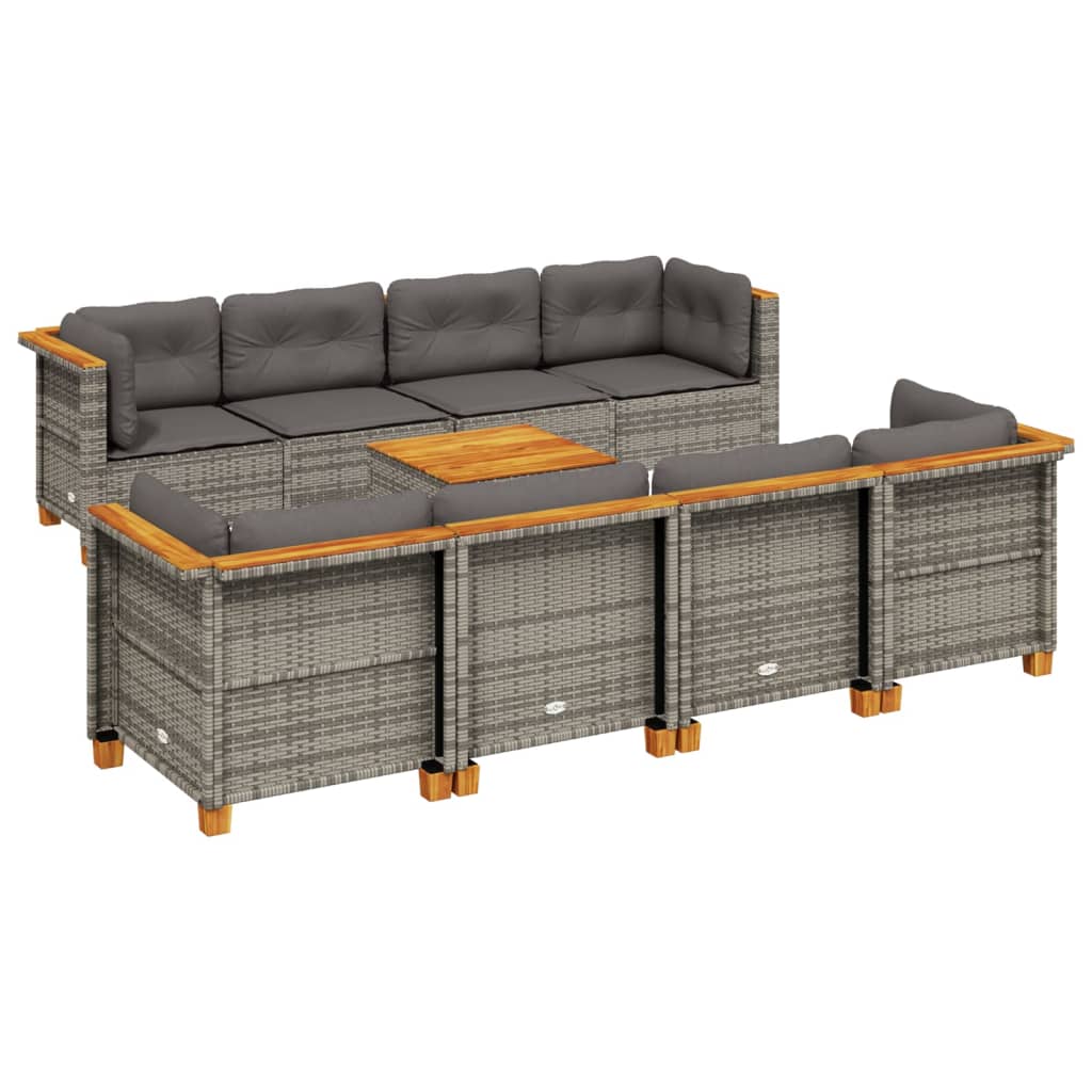 9-delige Loungeset met kussens poly rattan grijs