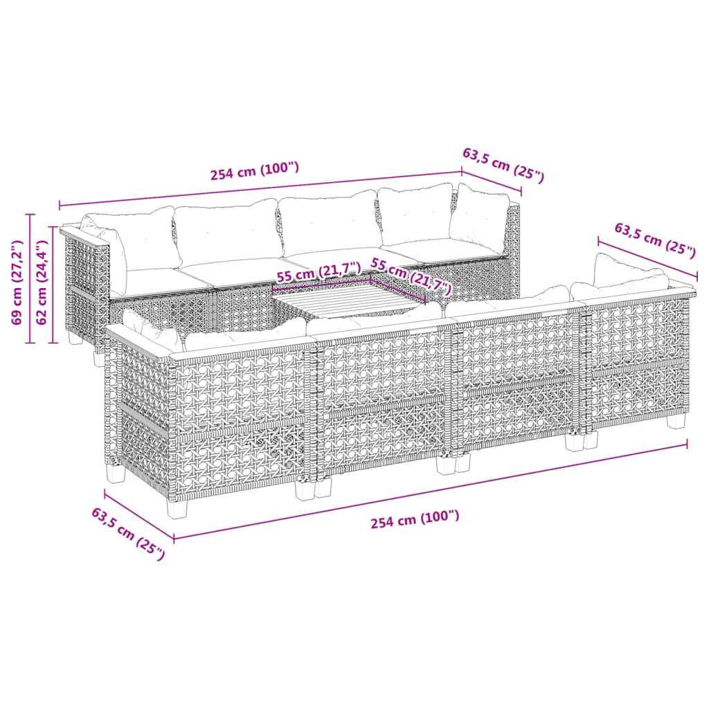 9-delige Loungeset met kussens poly rattan grijs