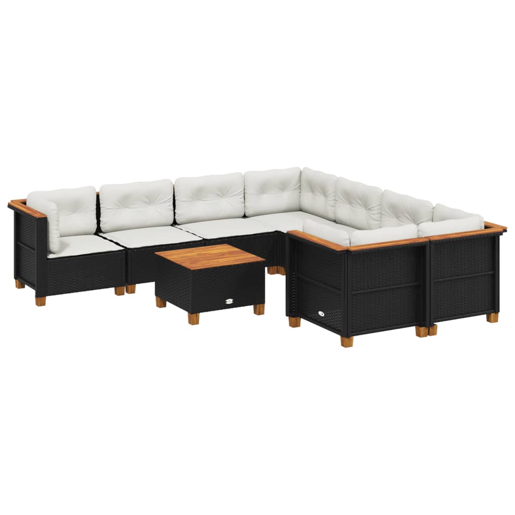 9-delige Loungeset met kussens poly rattan zwart