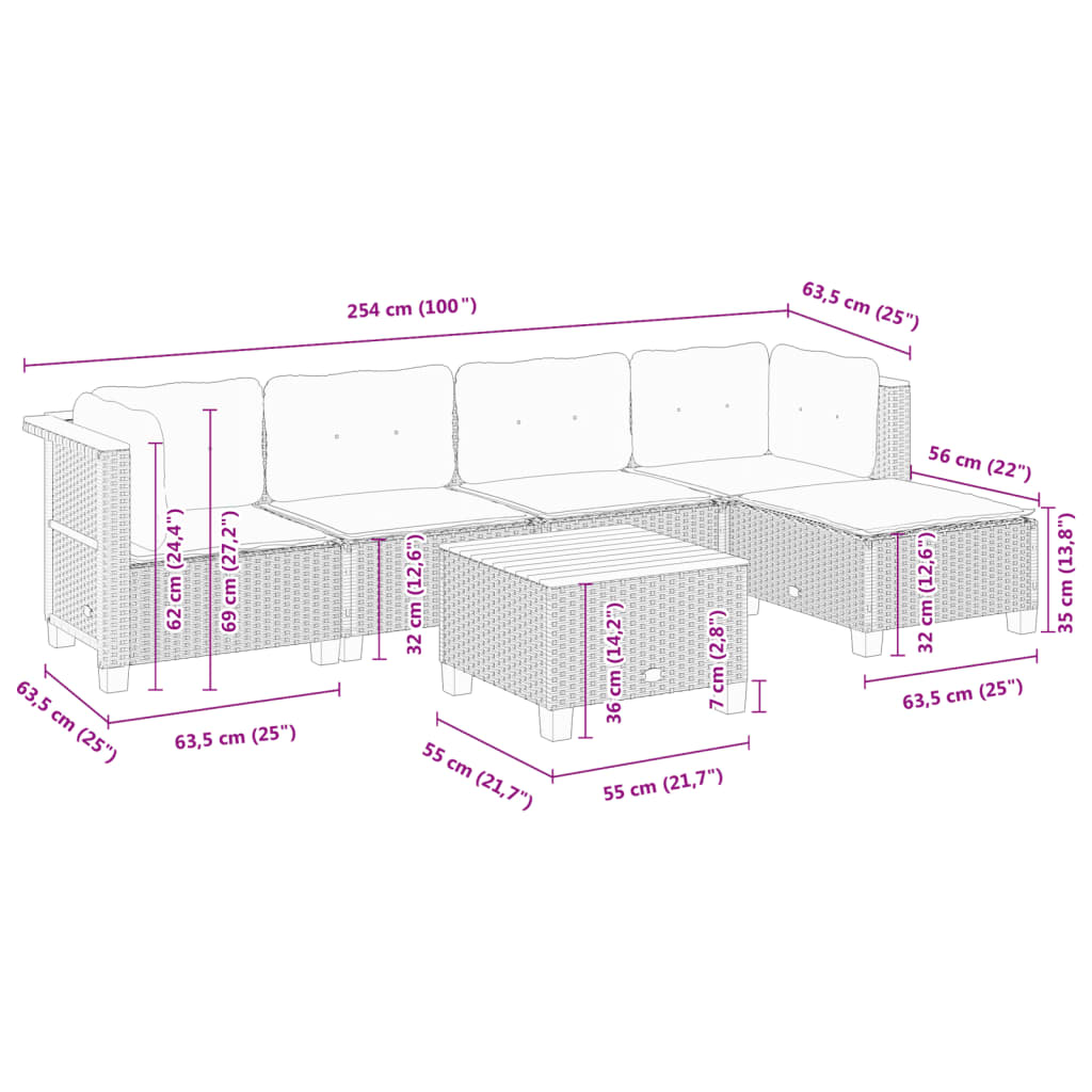 6-delige Loungeset met kussens poly rattan grijs