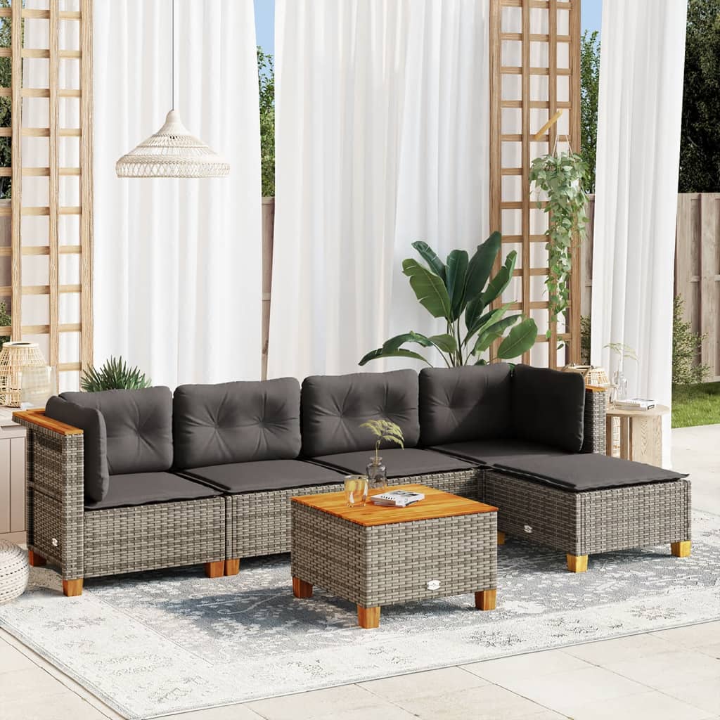 6-delige Loungeset met kussens poly rattan grijs