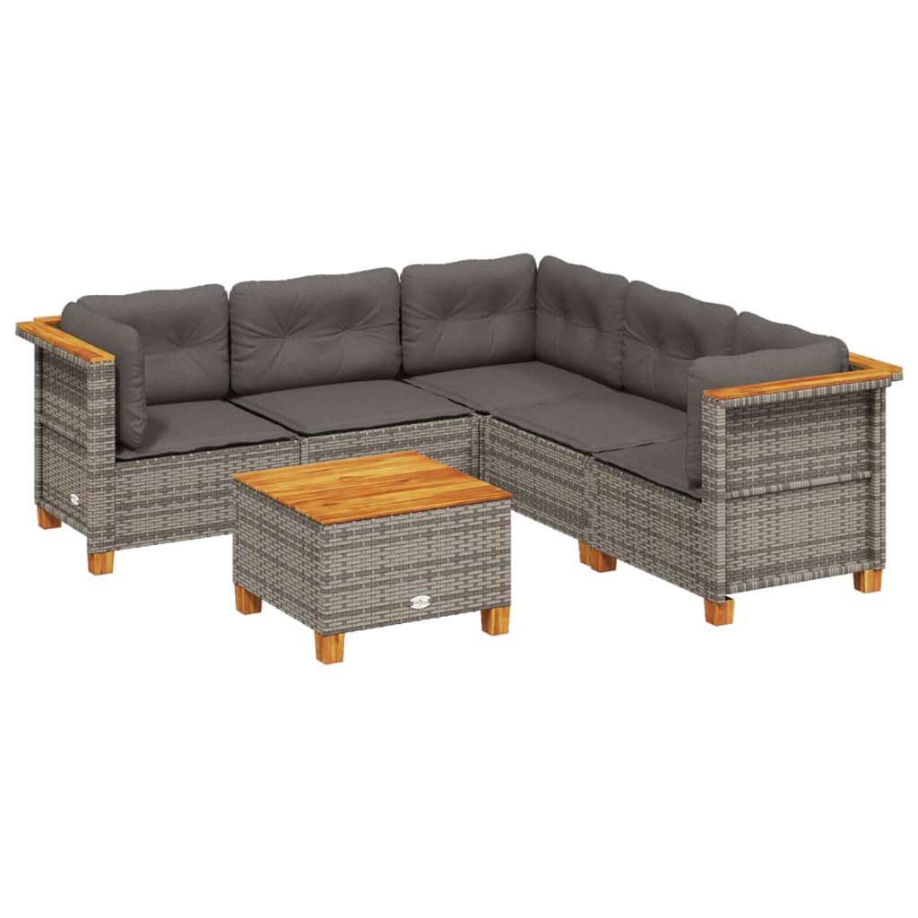 6-delige Loungeset met kussens poly rattan grijs