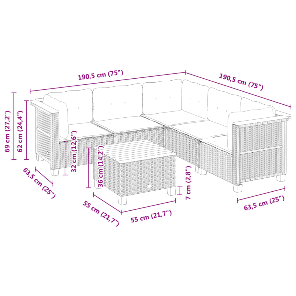 6-delige Loungeset met kussens poly rattan grijs