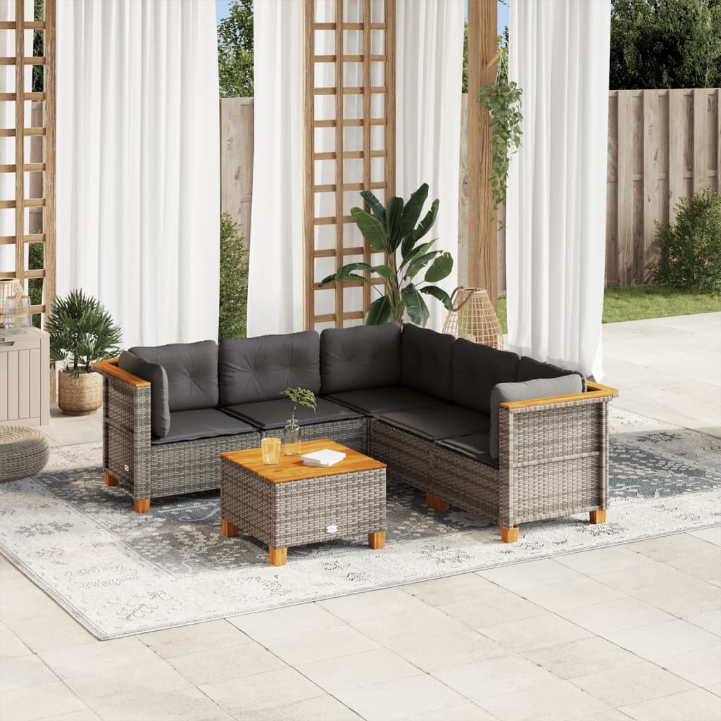 6-delige Loungeset met kussens poly rattan grijs