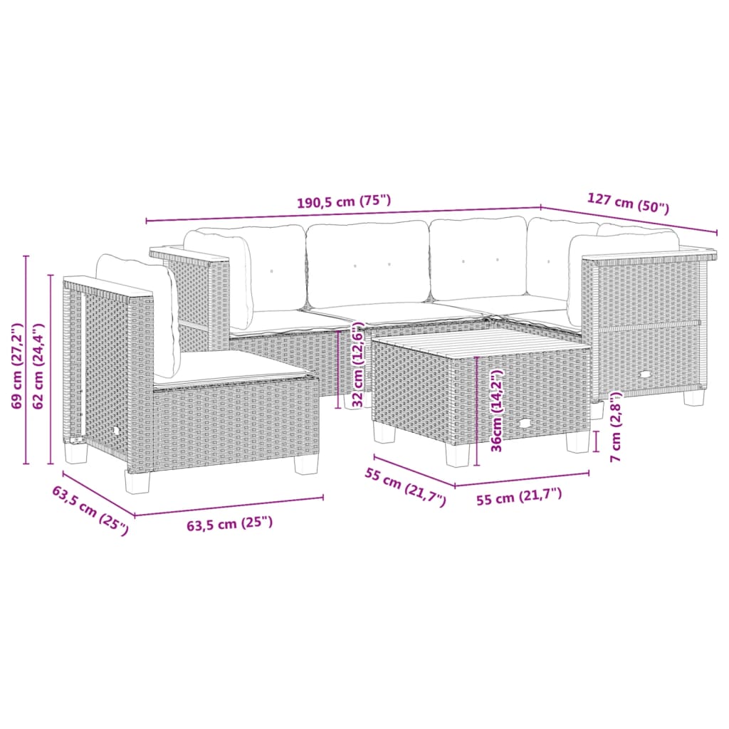 6-delige Loungeset met kussens poly rattan grijs