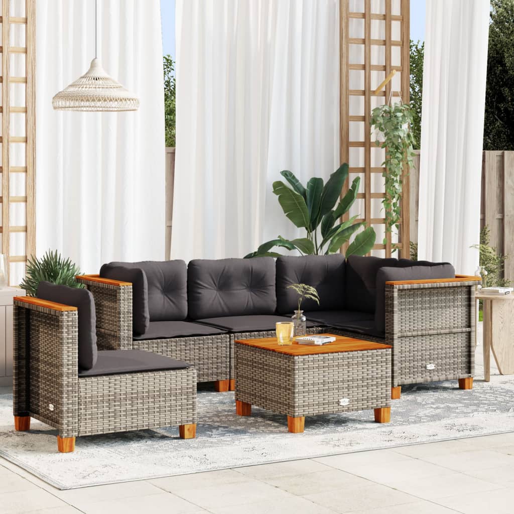 6-delige Loungeset met kussens poly rattan grijs