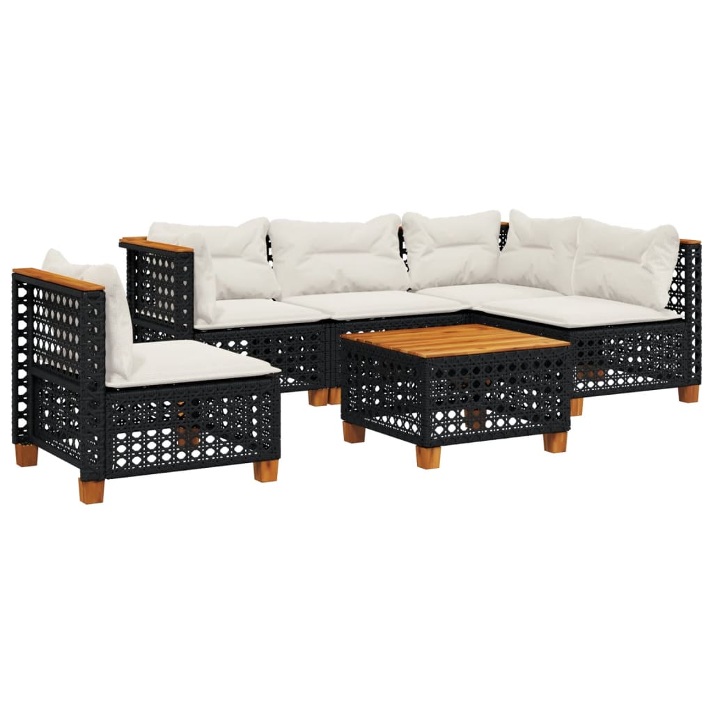 6-delige Loungeset met kussens poly rattan zwart