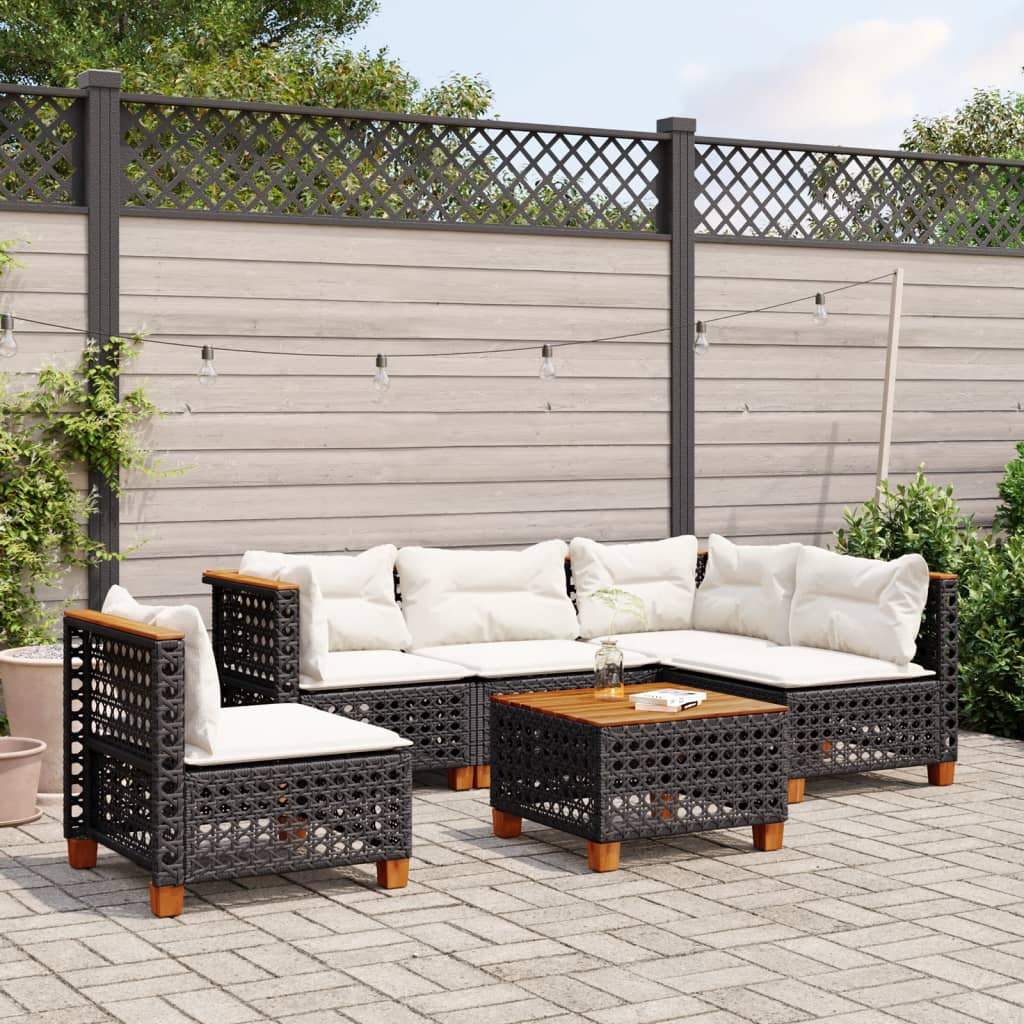 6-delige Loungeset met kussens poly rattan zwart