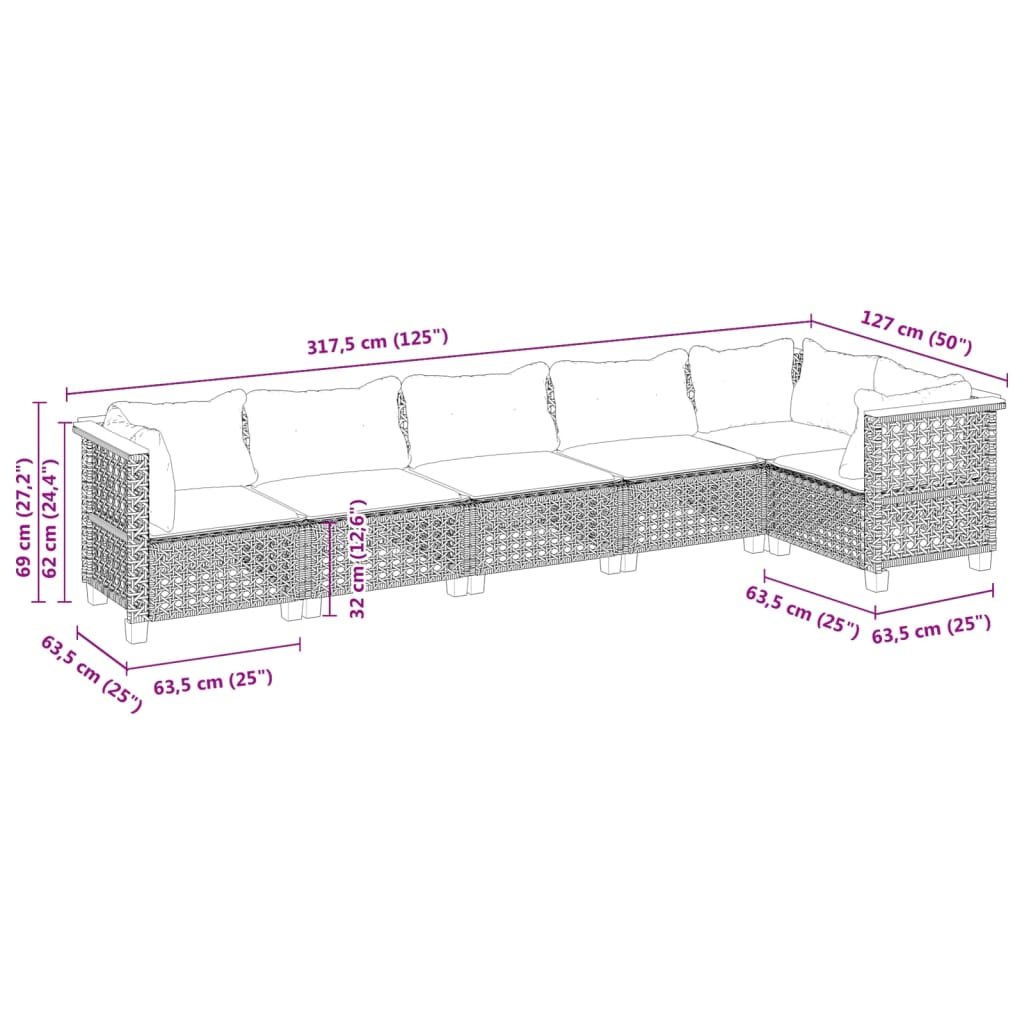 6-delige Loungeset met kussens poly rattan zwart