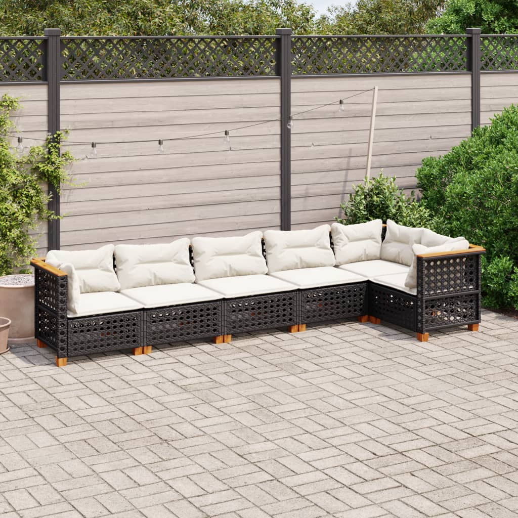 6-delige Loungeset met kussens poly rattan zwart