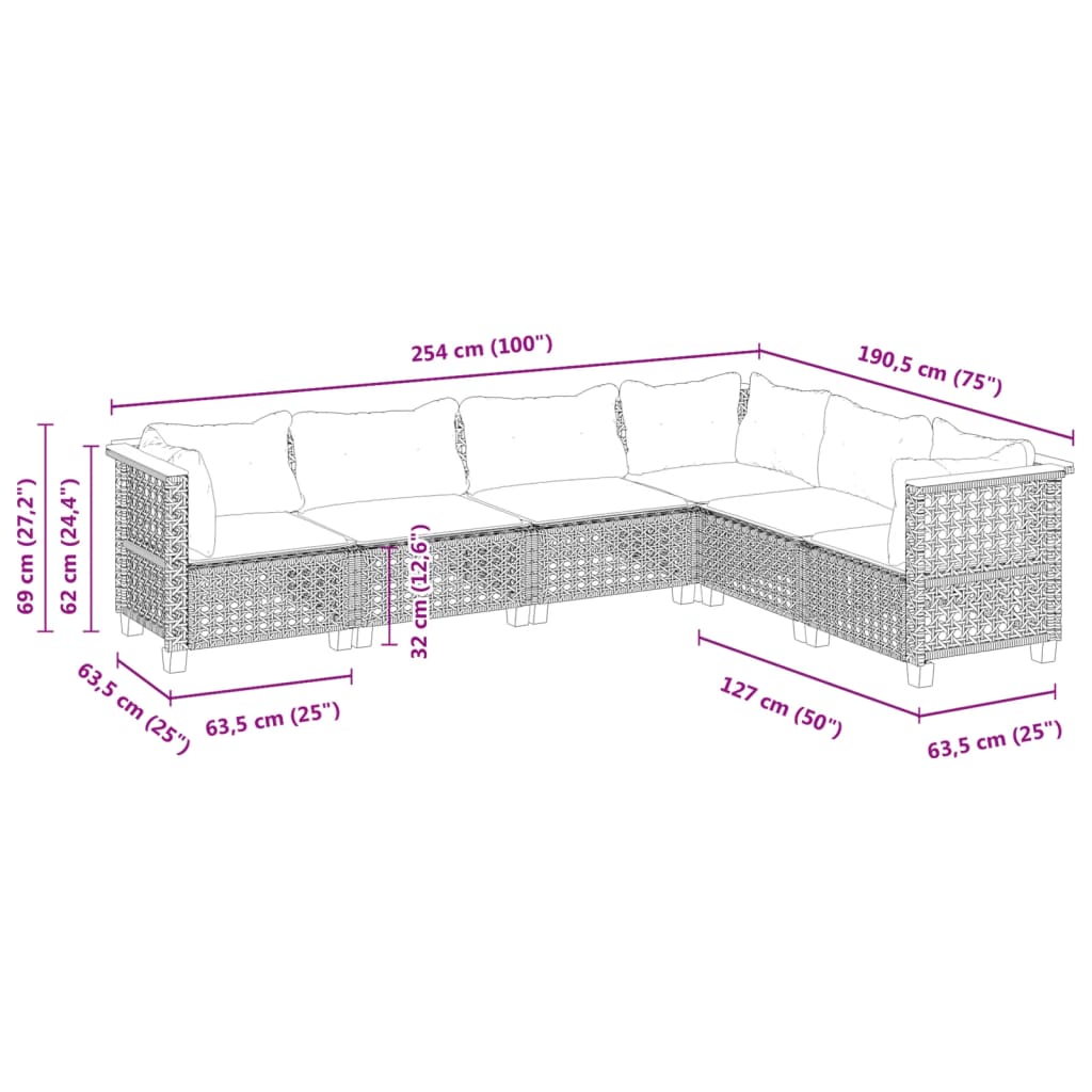 6-delige Loungeset met kussens poly rattan zwart