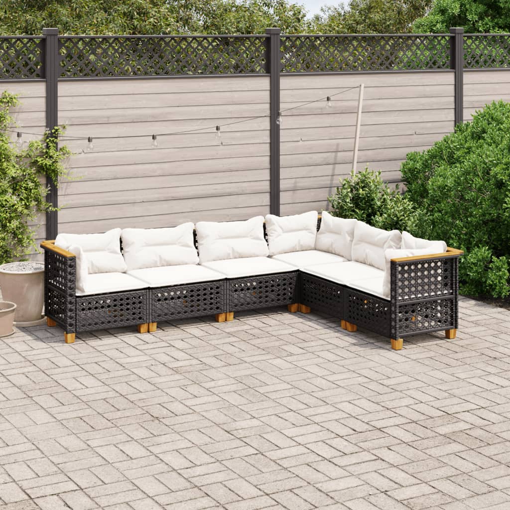 6-delige Loungeset met kussens poly rattan zwart