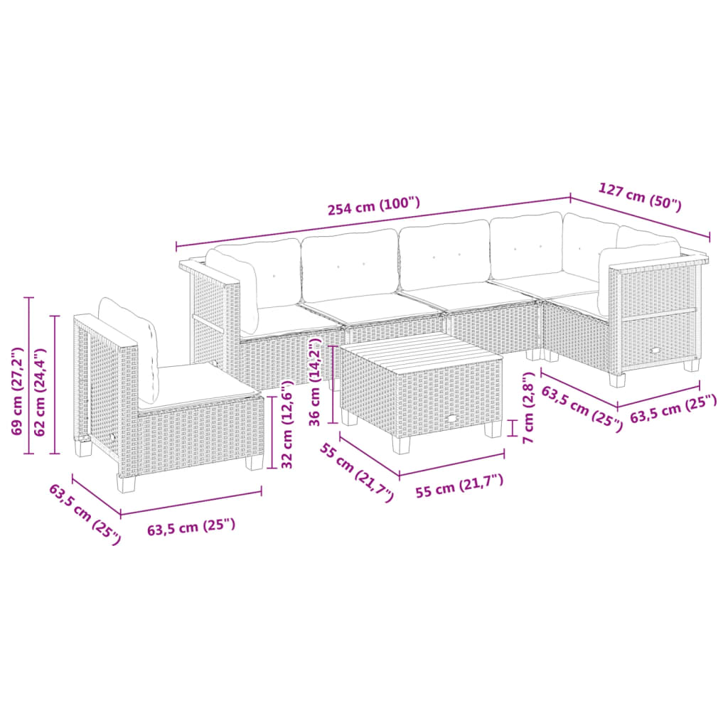 7-delige Loungeset met kussens poly rattan grijs