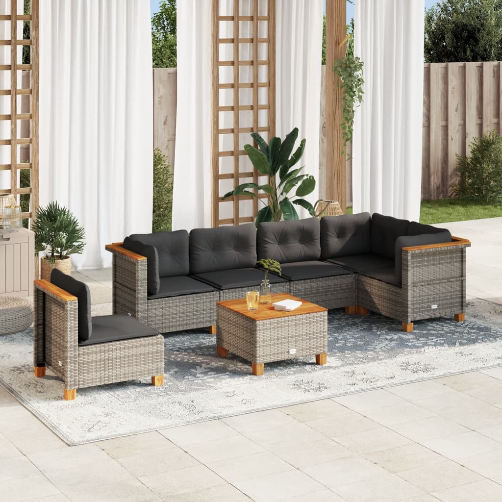 7-delige Loungeset met kussens poly rattan grijs