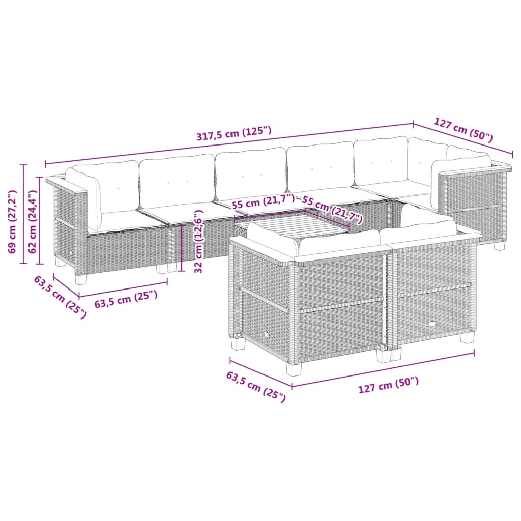 9-delige Loungeset met kussens poly rattan grijs