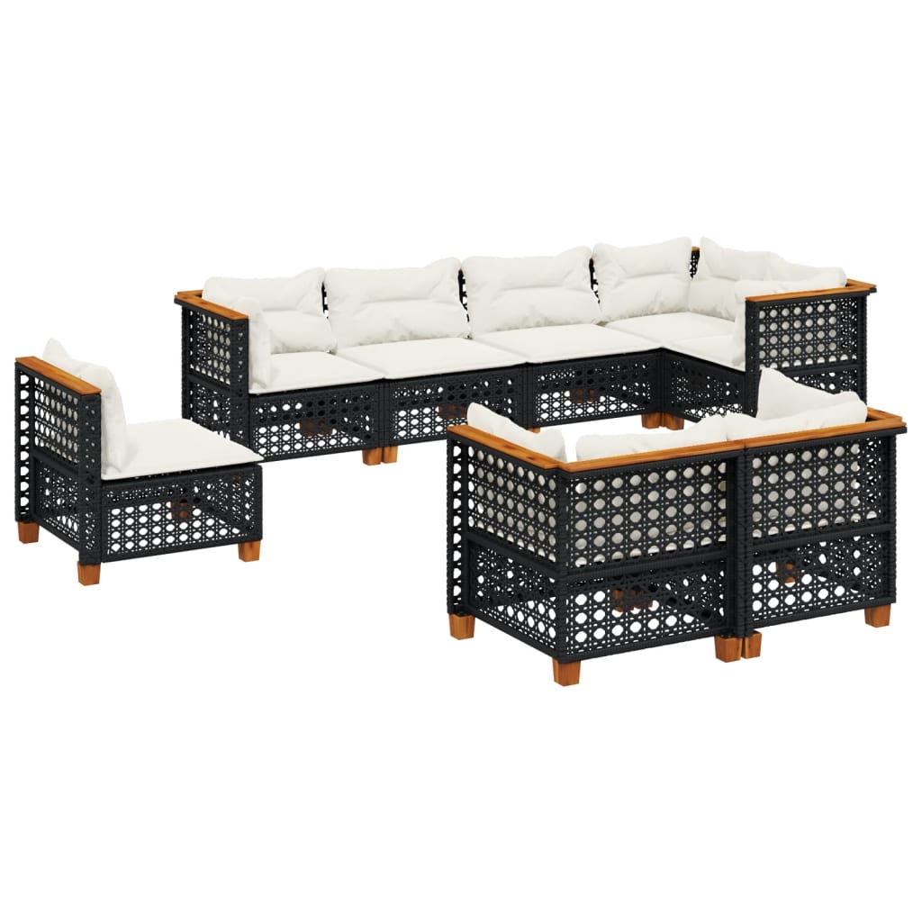 8-delige Loungeset met kussens poly rattan zwart