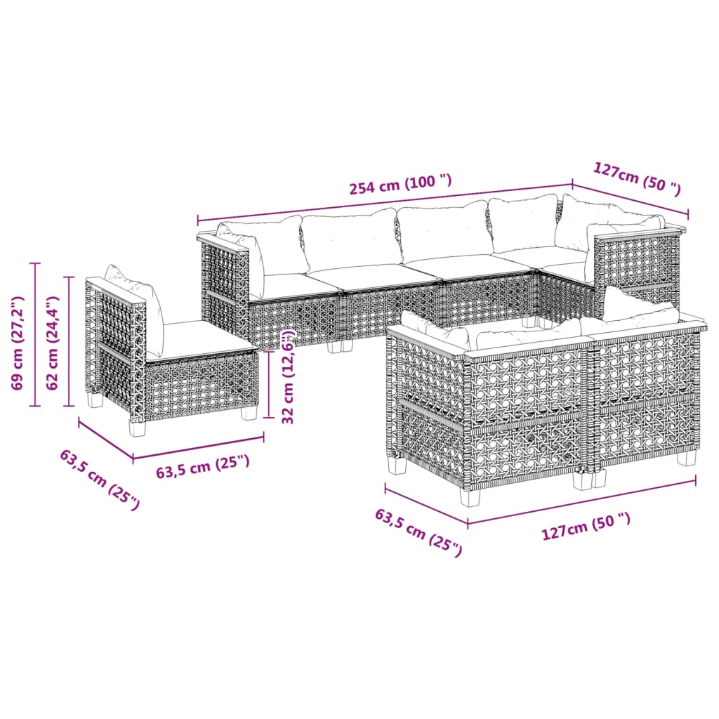 8-delige Loungeset met kussens poly rattan zwart