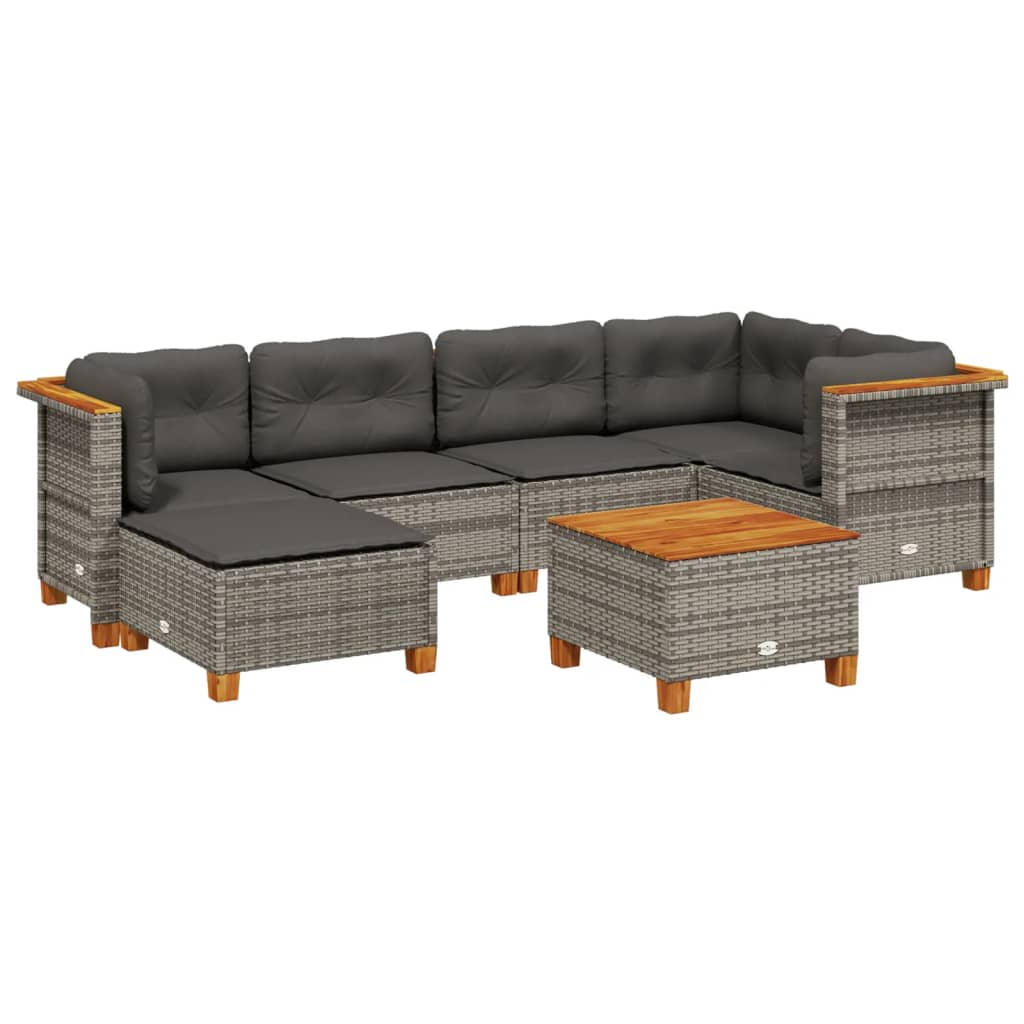 7-delige Loungeset met kussens poly rattan grijs