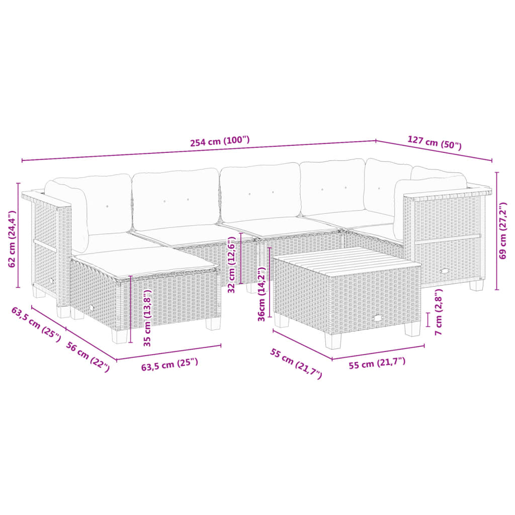 7-delige Loungeset met kussens poly rattan grijs