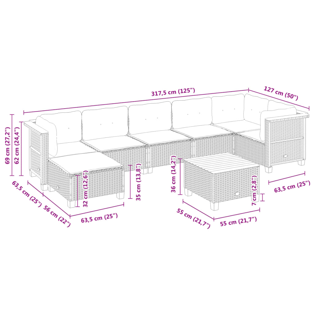 8-delige Loungeset met kussens poly rattan grijs