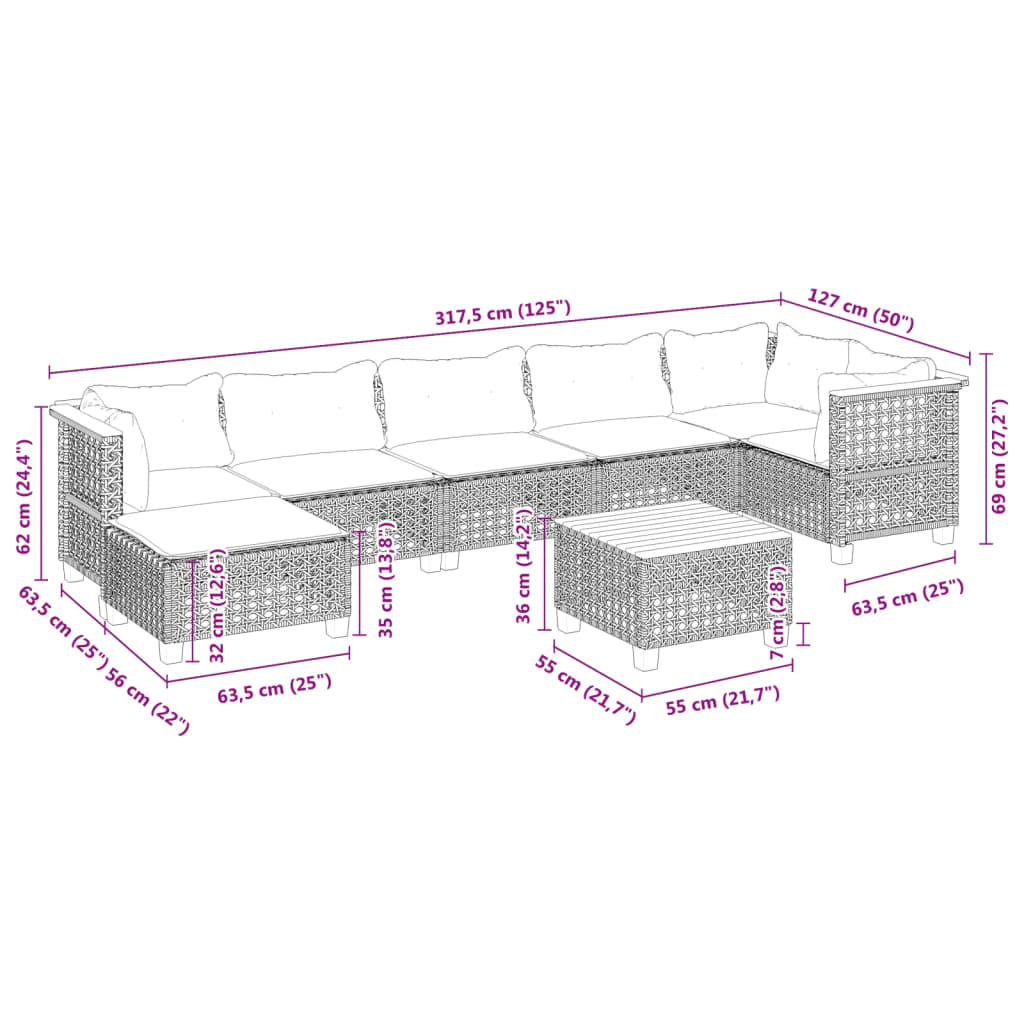 8-delige Loungeset met kussens poly rattan zwart