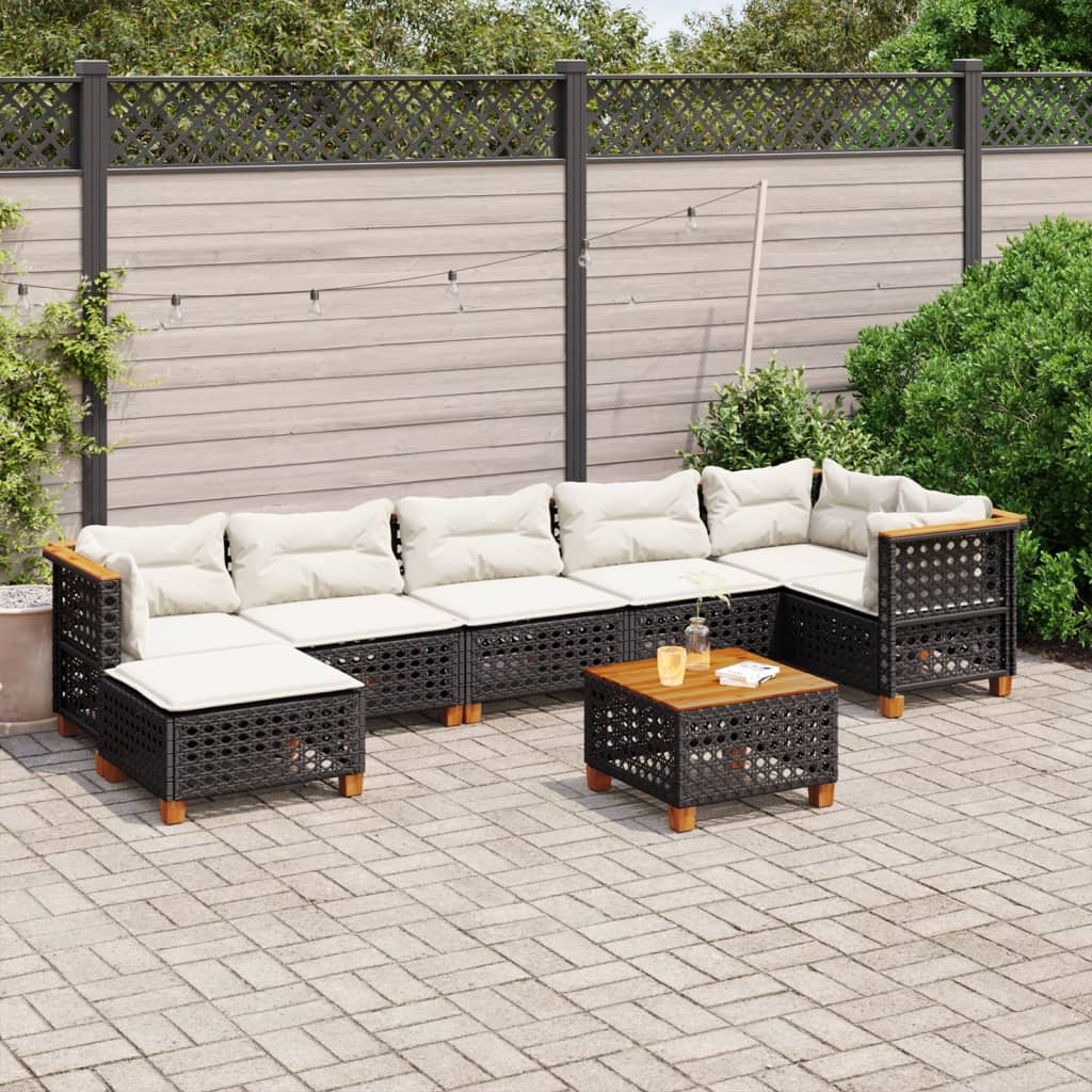 8-delige Loungeset met kussens poly rattan zwart