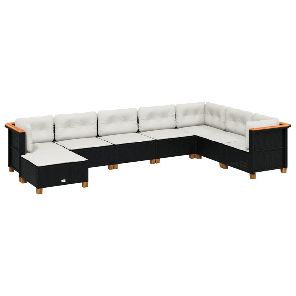 8-delige Loungeset met kussens poly rattan zwart