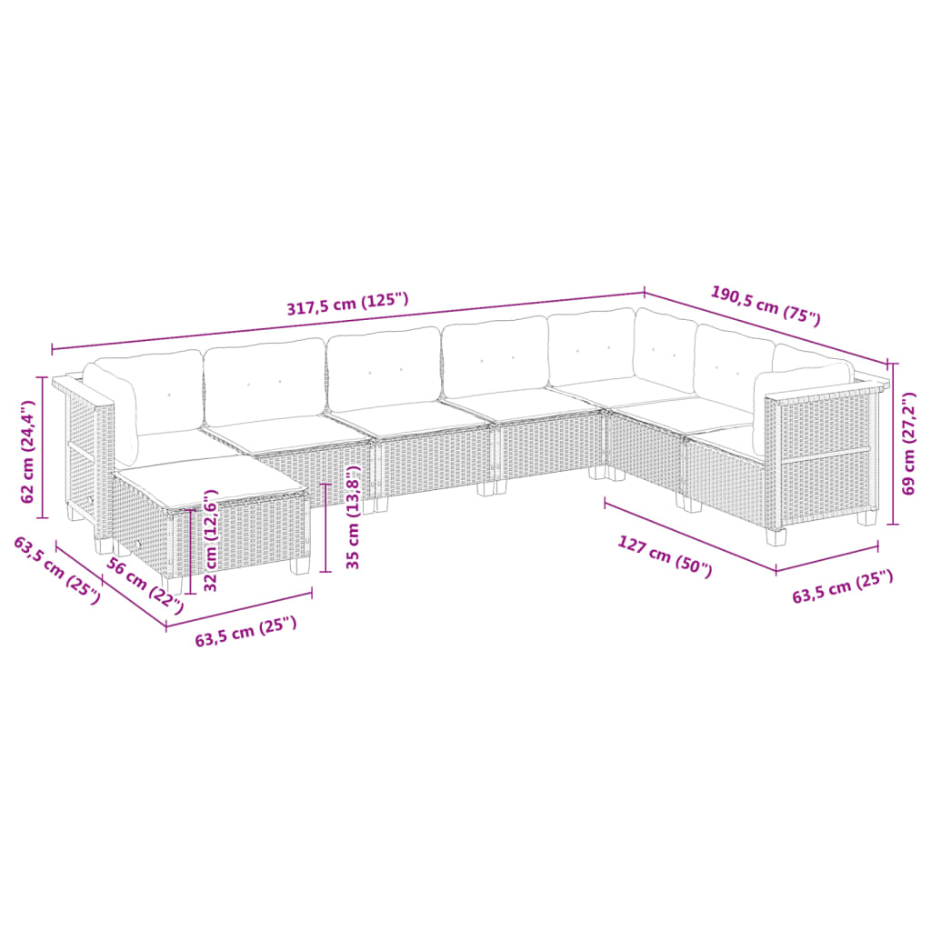 8-delige Loungeset met kussens poly rattan zwart