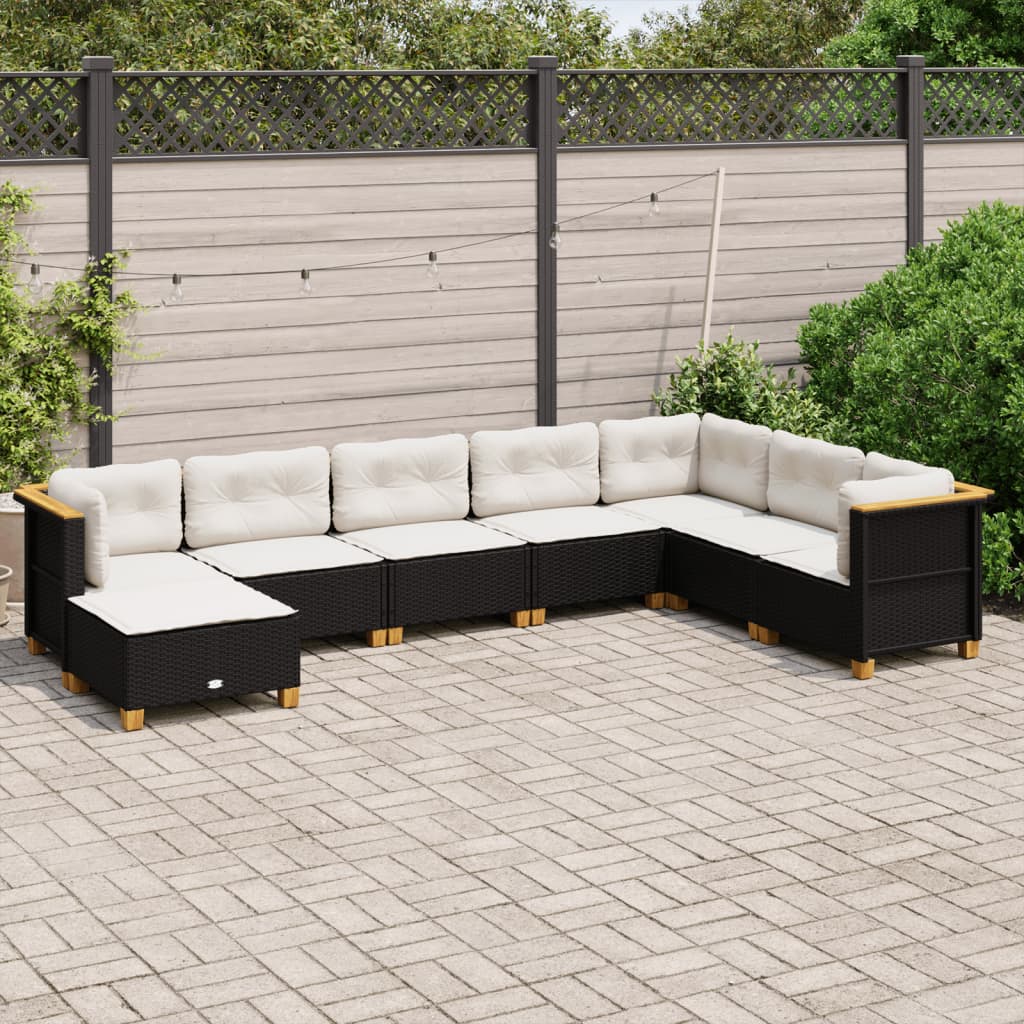 8-delige Loungeset met kussens poly rattan zwart