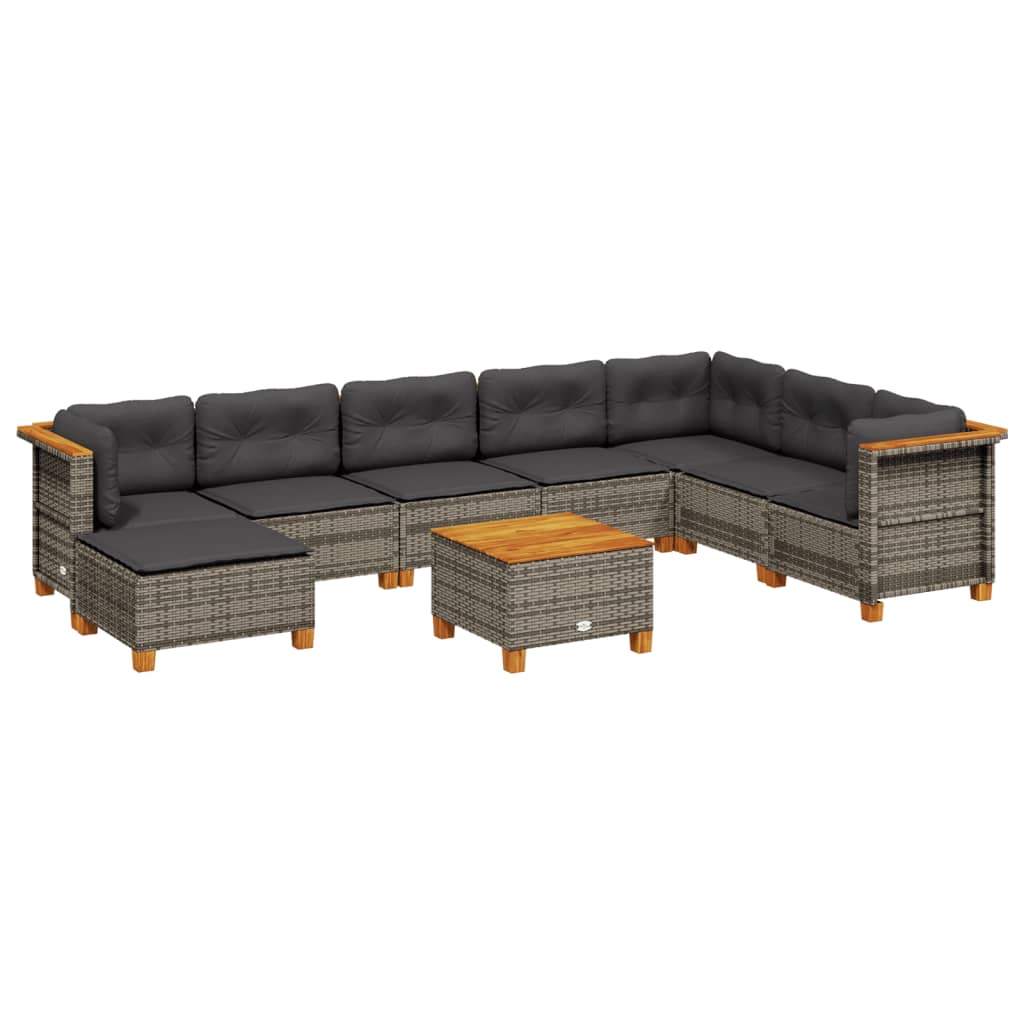 9-delige Loungeset met kussens poly rattan grijs