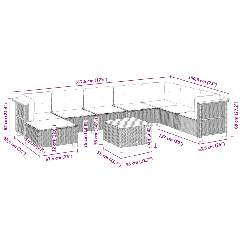 9-delige Loungeset met kussens poly rattan grijs