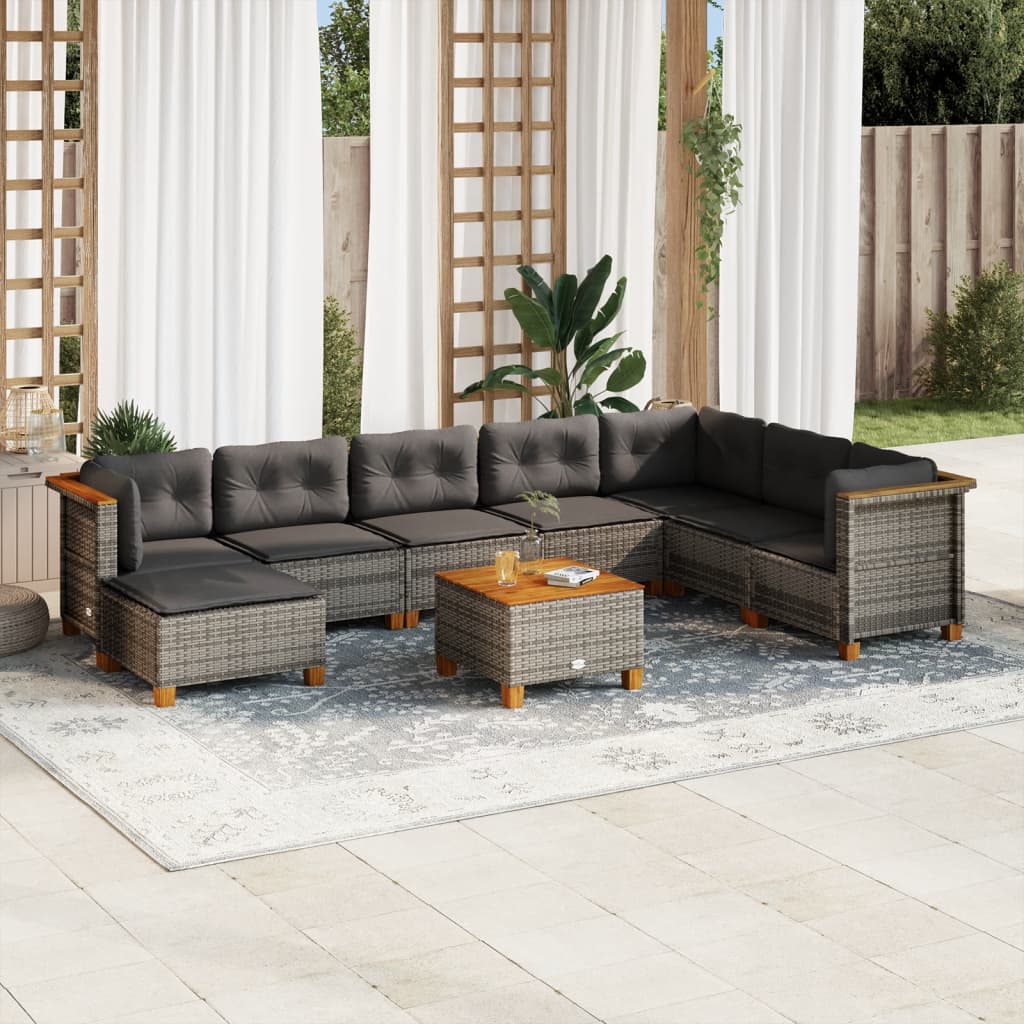 9-delige Loungeset met kussens poly rattan grijs