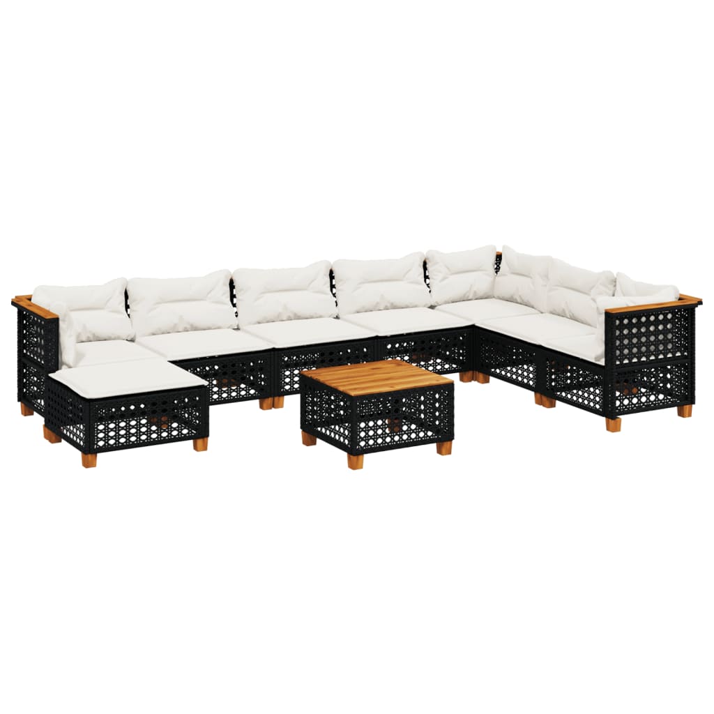 9-delige Loungeset met kussens poly rattan zwart