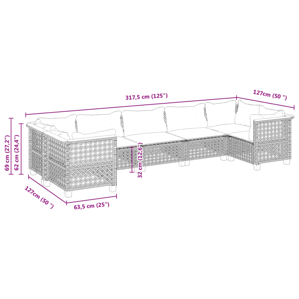 7-delige Loungeset met kussens poly rattan zwart