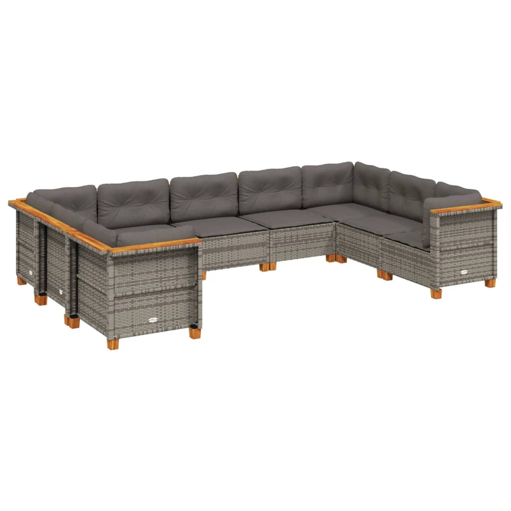 9-delige Loungeset met kussens poly rattan grijs