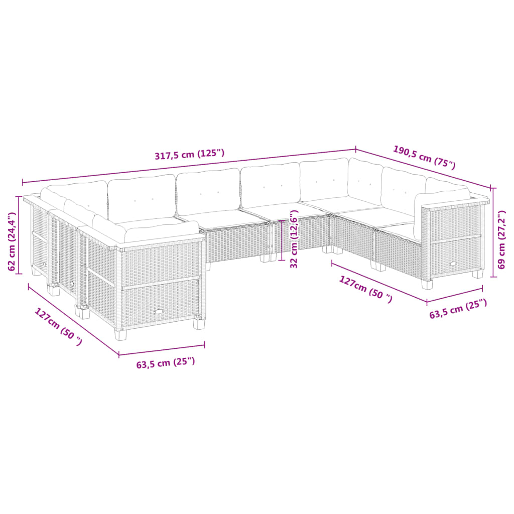 9-delige Loungeset met kussens poly rattan grijs