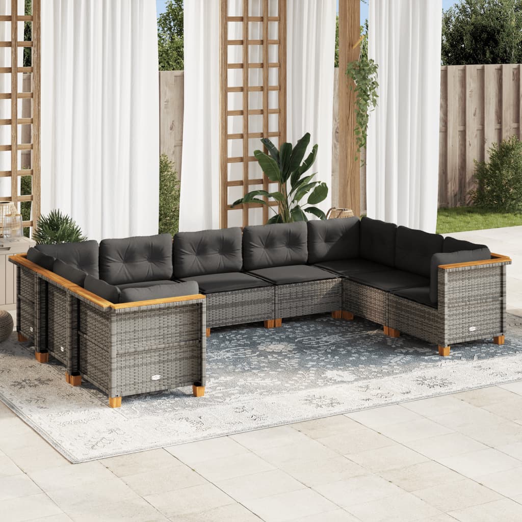 9-delige Loungeset met kussens poly rattan grijs